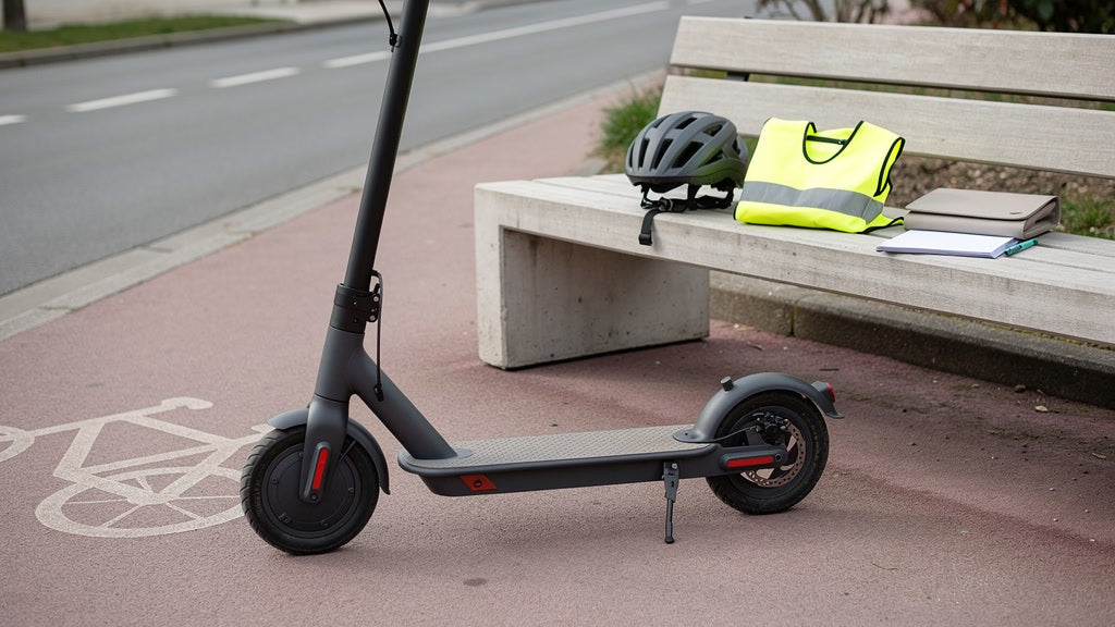 Trottinette électrique sur une piste cyclable avec casque, gilet réfléchissant et pochette de documents